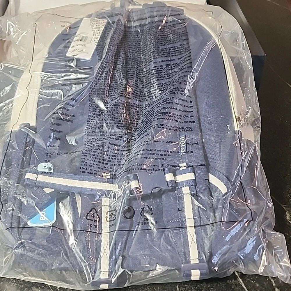 NWT Polo Ralph Lauren White And Blue Backpack With Patches In RL Box